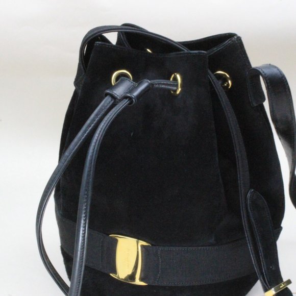 Authentic Salvatore Ferragamo Vara Suede Black Bow Drawstring Purse Handbag - Picture 6 of 16